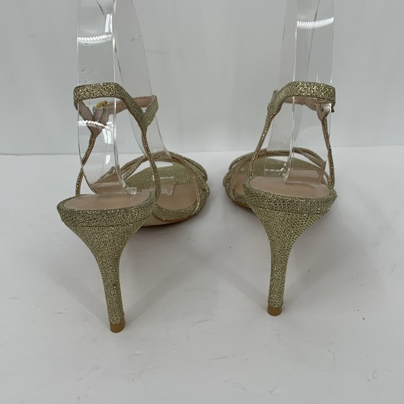 Stuart Weitzman Starla metallic sandal shoe heel gold glitter delicate strap 8.5 - Picture 4 of 6